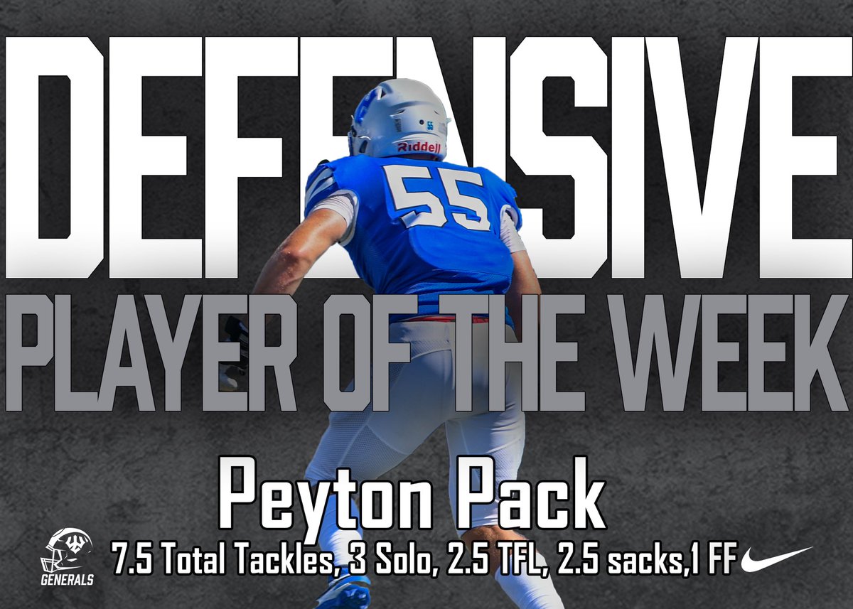 Generals_Fball's tweet photo. Congratulations to our players of the week:Everett Andersen, Peyton Pack, and Blair Brennan! Also, congrats to our practice players of the week: Tate Whitmer and Isreal Rivers!! 

#ALLINALLTHETIME https://t.co/IdobYrv52J
