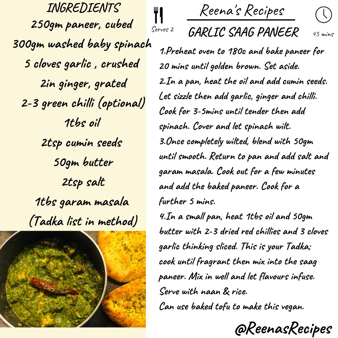 ChotaiReena's tweet image. My take on @sanjanafeasts Ultimate Saag Paneer. A quick and simple veggie curry to warm your soul. Can be veganised by using tofu &amp;amp; plant alternatives. Looking forward to Sanjana's new book for more veggie food inspiration 🤩 #VegetarianFood #SimpleFood #ReenasRecipes