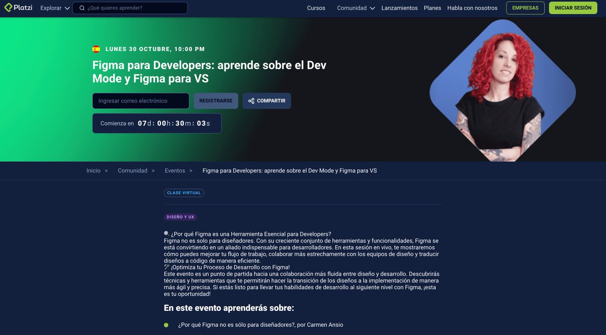 carmenansio's tweet image. 🚀 ¿Quieres optimizar tu proceso de Desarrollo con @figma ?

Si eres developer y quieres saber más sobre el nuevo Dev Mode y como trabajar en VSCode con Figma no te pierdas este directo 👇

📅 30 Octubre
🕣 10:00 PM CEST
ℹ️ platzi.com/eventos/figma-…
