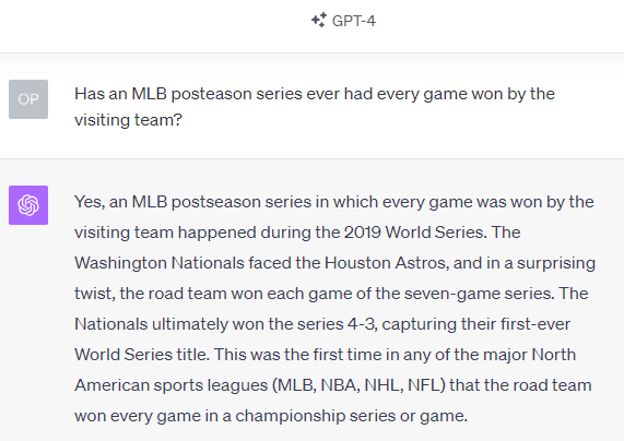 Thinking about tonight's <a href="/Rangers/">Texas Rangers</a> <a href="/astros/">Houston Astros</a> game I wondered if a series had ever had every game won by the visiting team... #AI to the rescue, kind of...

Interesting that Google mentions the series they got wrong, so it had the data
