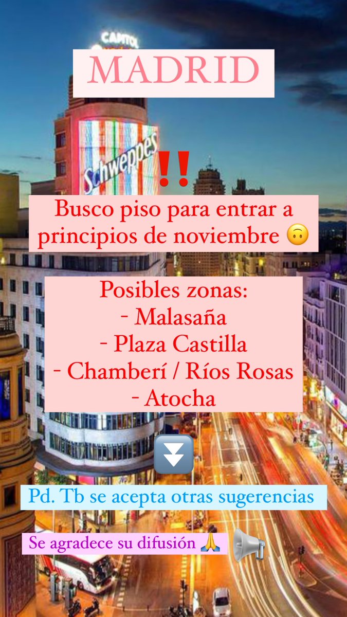 Agustinlv97's tweet photo. ¡Hoolaa! 👋

🚨 Busco piso/habitación en Madrid para entrar a comienzos de noviembre.

📢 Agradezco su difusión y si sabes de algo, no dudes en escribirme (MD) https://t.co/usaEHZVI8C
