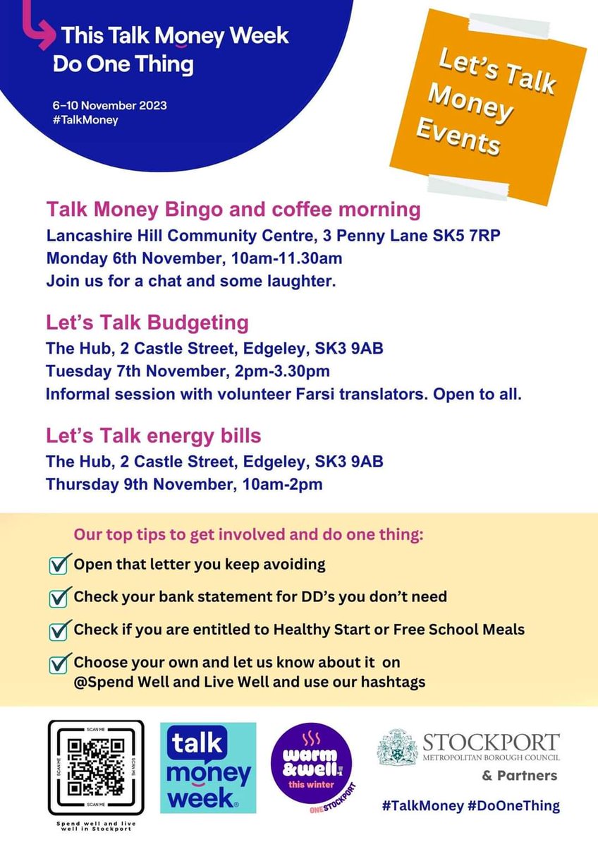 We would love to see you for #talkmoneyweek and join us in #doonething This could be coming along to one of our drop ins or simply chatting money with your family. #moneymax @AgeUKStockport @CA_Stockport @OneStockport @startpointsk6 @GroundworkGM @GMPovertyAction @HazelGroveYF