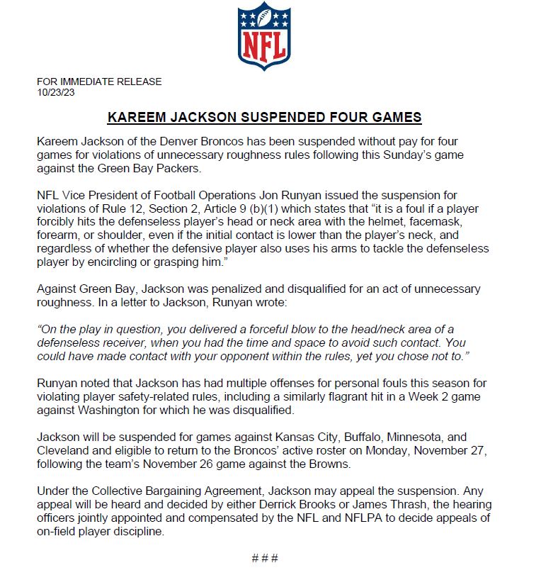 Kareem Jackson Suspended Four Games: tinyurl.com/2uuwx4yt