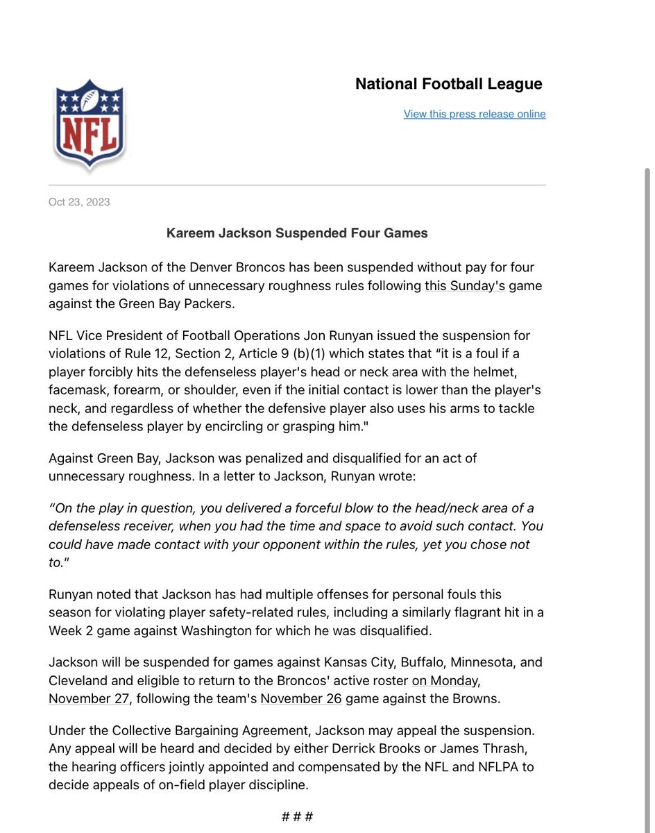 AdamSchefter's tweet photo. NFL announcement on its four-game suspension of Kareem Jackson: https://t.co/gmJESauHLq