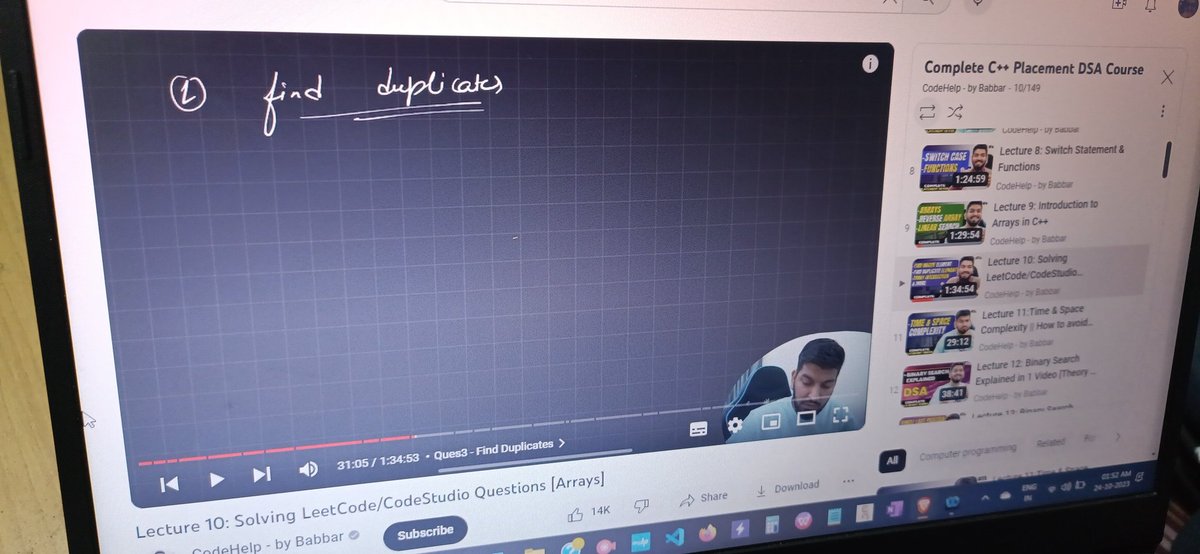 priyaMINA11's tweet image. #100DaysOfCode 
Finally started!🙌
Day1: (DSA) revising array form codehelp-by @lovebabbar3 and solving questions
Q.(1) min and max. Element 
Q.(2) sum of elements
Q.(3) find a unique element
Q.(4) find duplicate element 
&amp;amp; learning javascript,
Lec.8,9,10 from #codeaurchai #Coder