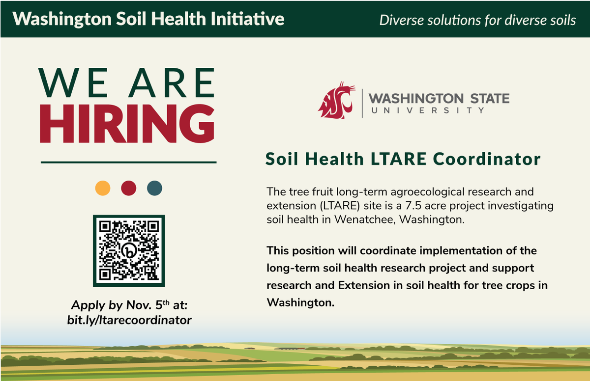 We are #hiring a Soil Health LTARE Coordinator to coordinate implementing the WaSHI tree fruit long-term agroecological research and extension (LTARE) site in Wenatchee, WA. 
Learn more and apply at: bit.ly/ltarecoordinat…
<a href="/wsucahnrs/">WSU CAHNRS</a>