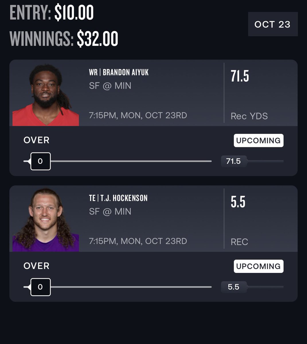 hotshotfantasy's tweet photo. Here is our #Proptober play on @ThriveFantasy! Need to get something going, hopefully it starts tonight 🫡 Make sure to use our code HOTSHOT for a 100% match bonus up to $100 when you sign up! #NFL #DFS #ThriveFantasy #GamblingTwitter #GamblingX #BrandedFeatures https://t.co/DgyBTNNRjv