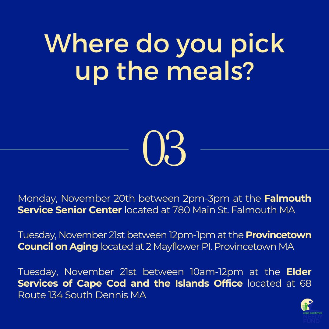 Learn more about the Thanksgiving Grab N' Go For Seniors program presented by Elder Services of Cape Cod and the Islands.

Call today or before November 15th to secure a meal while supplies last!

#thanksgivingmeal #communityresources #neighborshelpingneighbors #nonprofit