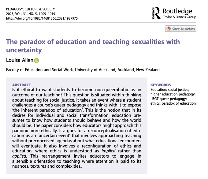 PedagogyCultSoc's tweet image. Is shaping non-queerphobic beliefs in students ethical? Exploring education&apos;s paradox, this paper advocates for teaching as an &apos;uncertain event&apos; and nuanced ethics. 🌈📚 🇳🇿

@AucklandUni

#QueerPedagogy #EthicalTeaching

🔗👉tandfonline.com/doi/full/10.10…