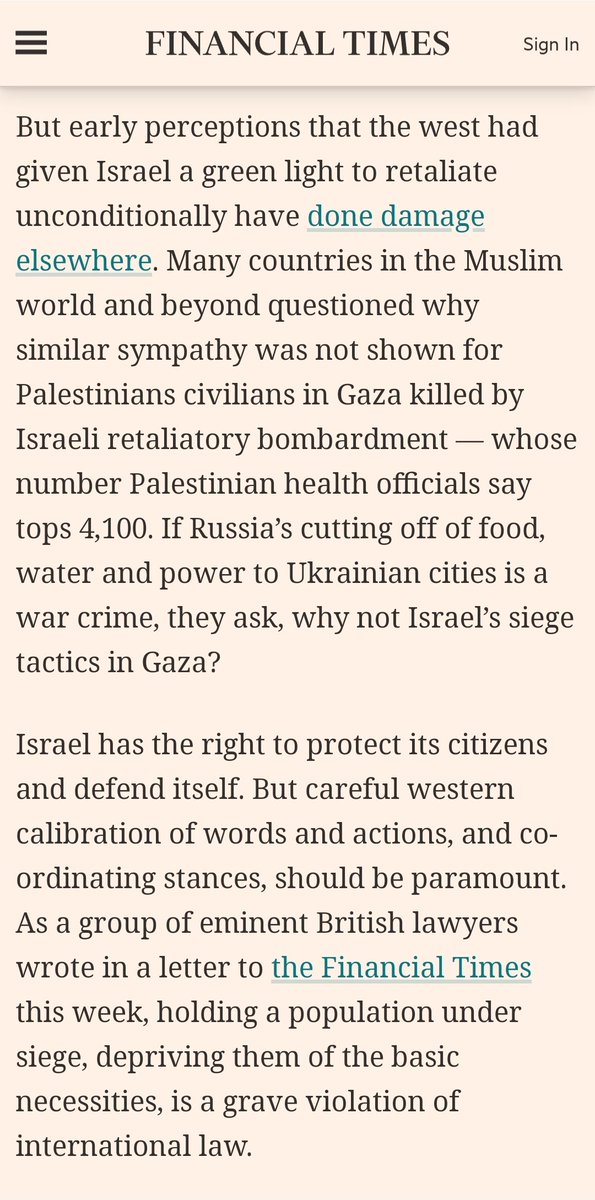Editorial do Financial Times, 20/10: "Se o ato da Rússia de cortar água, comida e energia da Ucrânia é um crime de guerra, por que o cerco que Israel impõe a Gaza não é?"