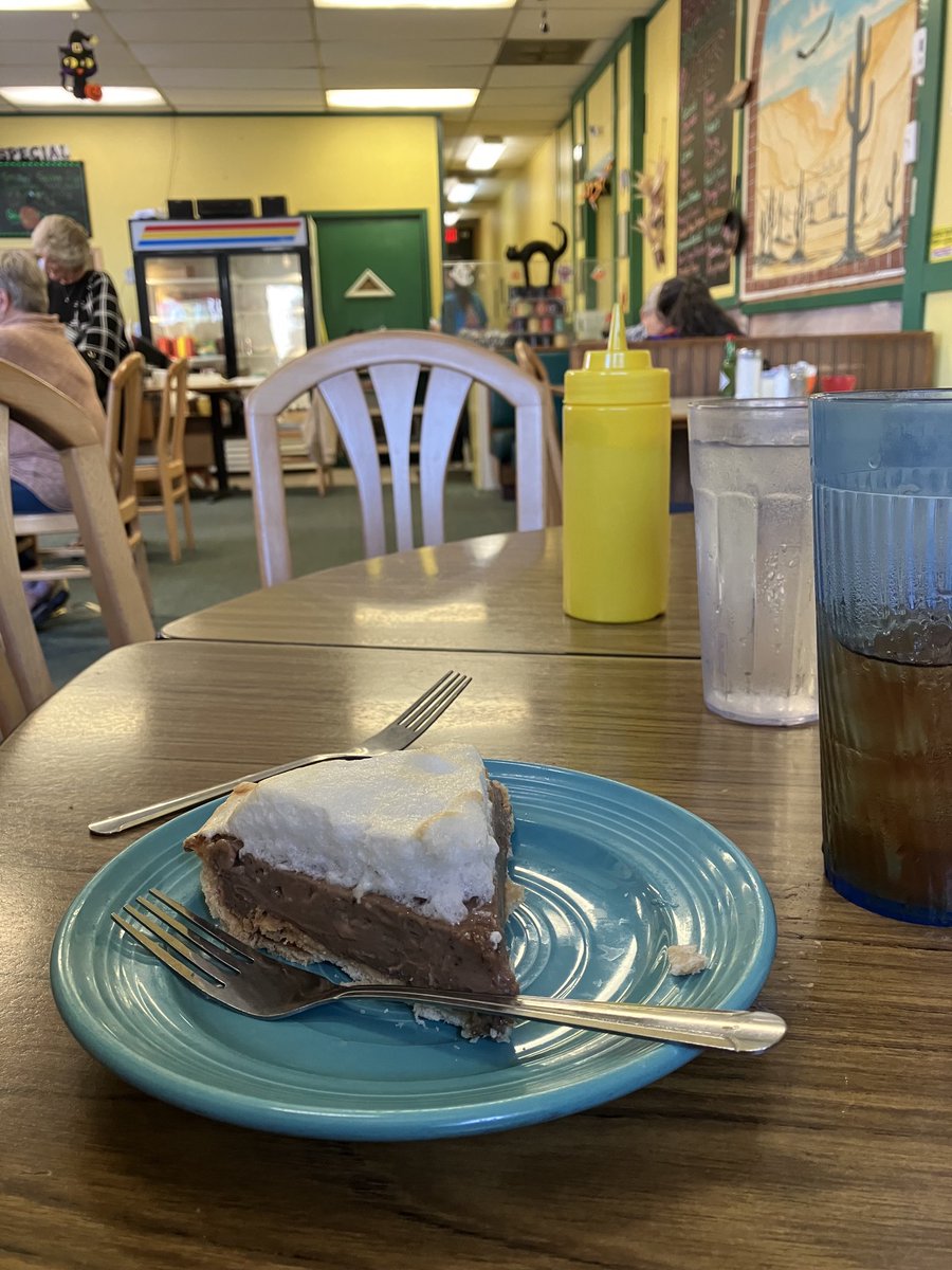 At Bradley’s Corner Cafe, Topeka, the pie flavors were coming off the board quickly as we wrapped up a delicious lunch with slices of our choice. We got our orders in just in time to get the chocolate (meringue, as pictured) and the blackberry, and both were excellent.