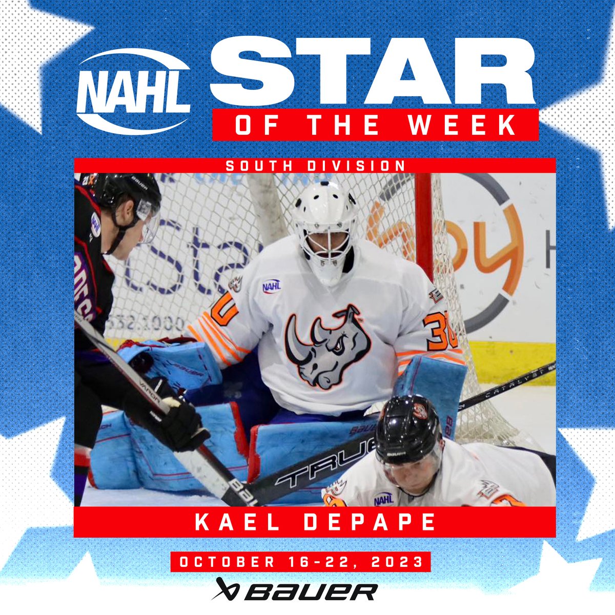 NAHLHockey's tweet photo. #NAHL @BauerHockey South Division Star of the Week for October 16-22: Kael DePape, Goaltender, @El_Paso_Rhinos https://t.co/0JWcpXUIih https://t.co/dFD9nkqhI8
