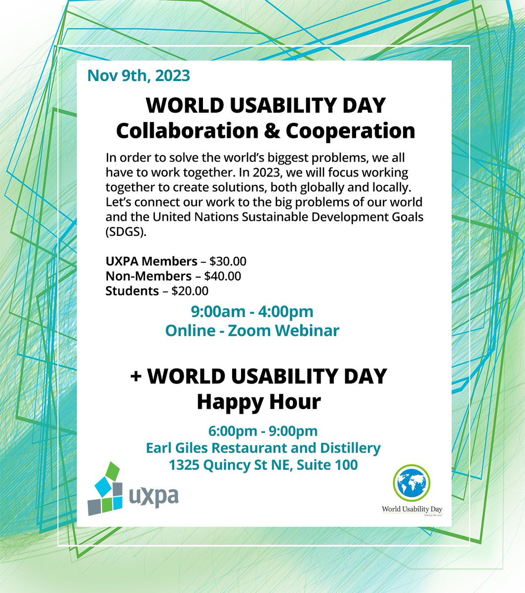 It's almost World Usability Day!!
UXPA Minnesota World Usability Day is coming up (Nov. 9th) and we have a great lineup this year!

More info &amp; sign up for the Nov. 9th Zoom conference (free happy hour admission if you sign up for the conference) ----&gt; lnkd.in/g_GNQtig