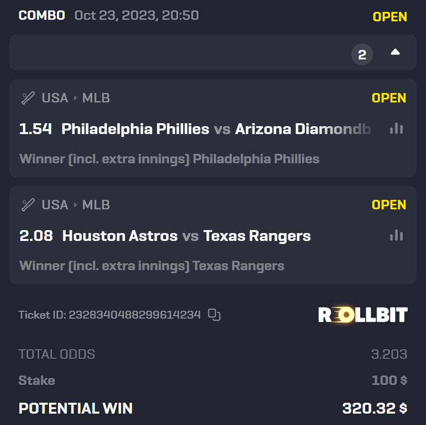 rollbit's tweet photo. The #MLBPlayoffs are heating up 🔥

Phillies, Astros and Rangers all have a chance to secure their spot in the World Series with a W tonight! TwitterGuy locked in his picks, have you made yours?

P.S.: I'm sharing 100% of my winnings with one person who replies to this post! ⚾️ https://t.co/6Wp0zqVD8w
