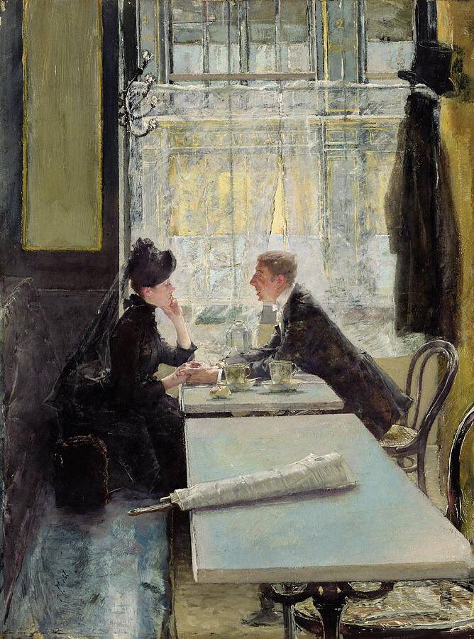 PeterJones40's tweet image. Painting at Bedtime.
In the Cafe.
Gotthardt Kuehl.

This painting is sometimes called 'Lovers in a Cafe', but I can't tell if the lady is just wearing black, or if she is in mourning. Anyone know? Kuehl was an important figure, from Lubeck, in the German Impressionist movement.