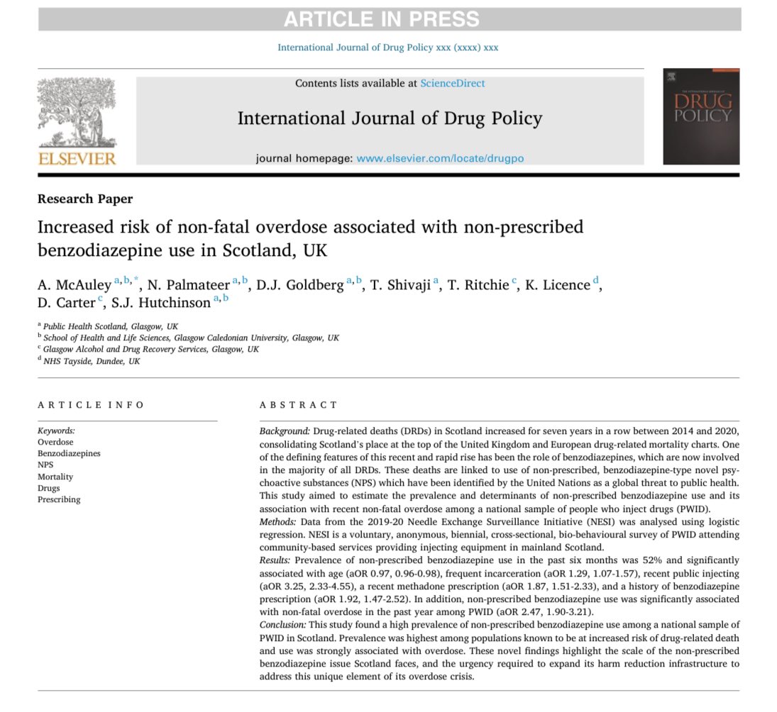 “Increased risk of non-fatal overdose associated with non-prescribed benzodiazepine use in Scotland, UK” by @arjmcauley et al (2023) via @ijdrugpolicy. Do you have issues with unregulated benzos in your drug supply? Link: sciencedirect.com/science/articl… #International #DrugPolicy