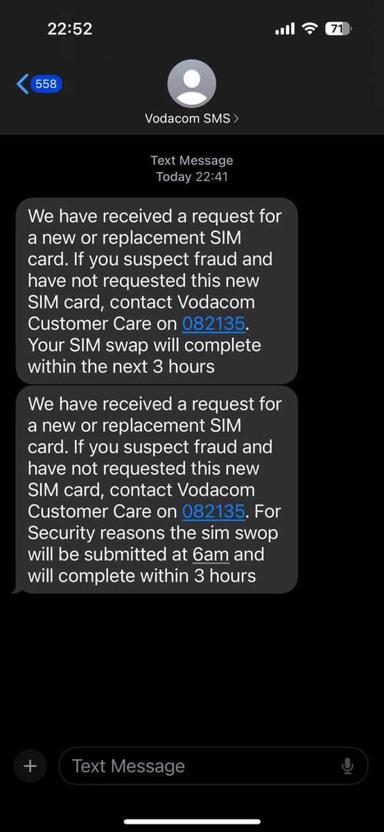 SivakeleG's tweet photo. Does anyone know what’s going on? I received this message whereas I didn’t request for any simswap @Vodacom  please help https://t.co/RDgnUbYAb0
