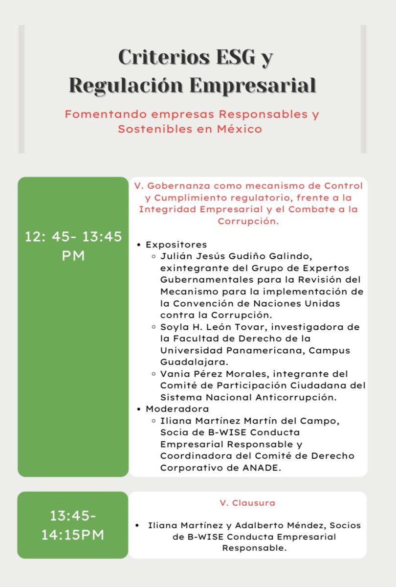 Nuestro Foro sobre #ESG y Regulación, a realizarse por nuestra firma en conjunto con el @senadomexicano y #GluonKnowledge, está siendo todo un éxito. Compartimos el programa del evento con las y los ponentes que nos acompañarán.

En #BWISE, construimos #EmpresasResponsables