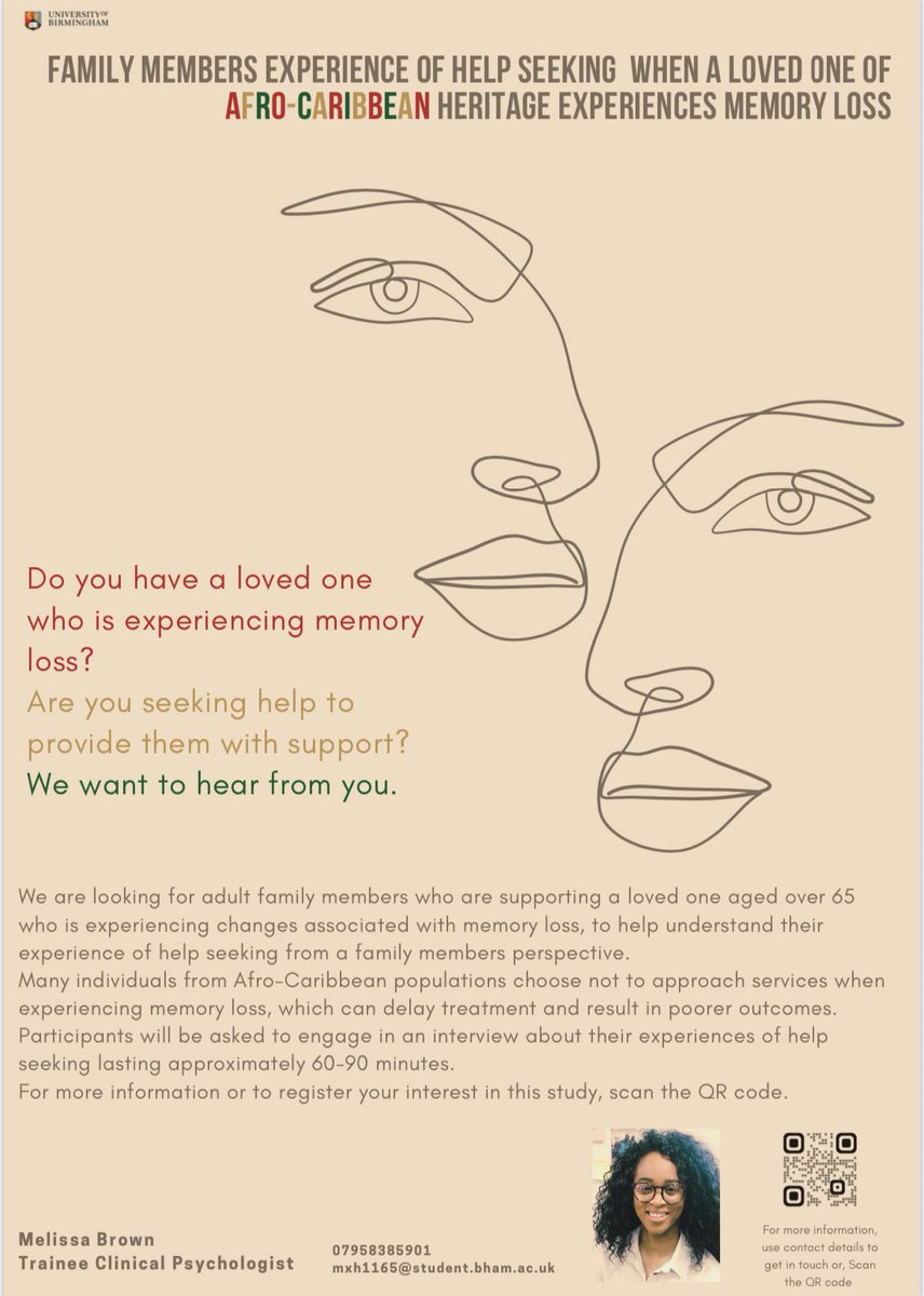 Wondering if psychology Twitter can help my friend with #recruitment for her #doctoralthesis research project? 💭Exploring family members experience of help seeking when a love one of Afro-Caribbean heritage experiences memory loss. Any reposts are much appreciated ☺️