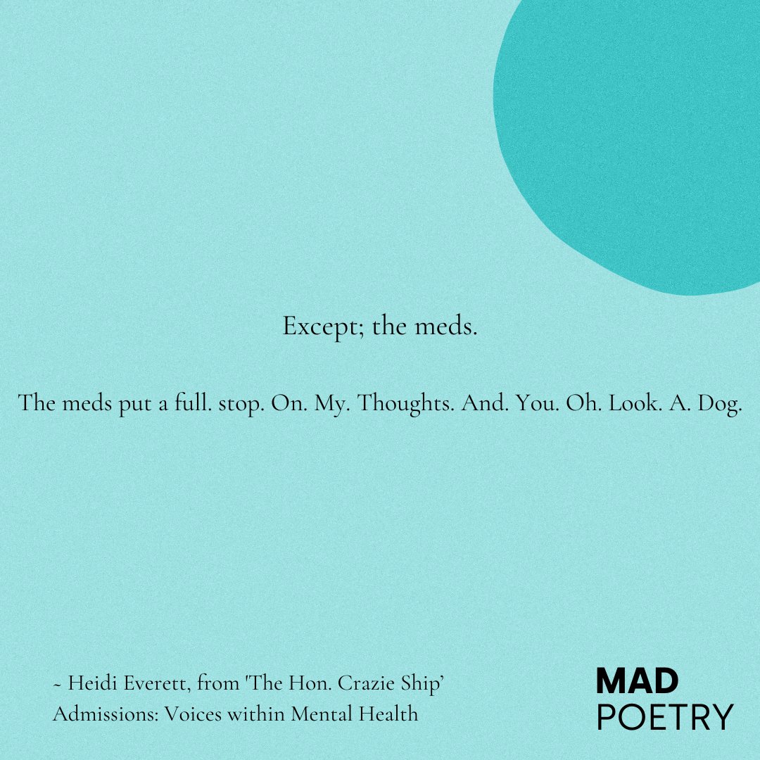 For mental health month, we’re sharing Heidi Everett's poem ‘The Hon. Crazie Ship’, first published in Admissions: Voices within mental health 💙

Read the poem: redroompoetry.org/poets/heidi-ev…
Order Admissions:  redroompoetry.org/projects/mad-p…

#MADPoetry @upswellp <a href="/_HeidiEverett/">Heidi Everett</a>