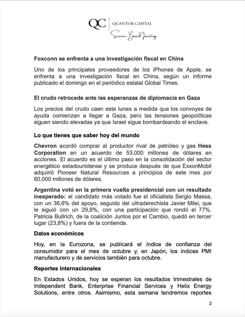 QuantorAdvisors's tweet photo. *El tipo de cambio se estabiliza por encima de 18 MXN/USD
*Bonos del Tesoro de 10 años ya rinden casi 5% anual
*Foxxconn en problemas fiscales en China
*Massa y Milei a 2a vuelta en presidenciales en Argentina
*Economía mexicana con sólido desempeño 
#ScienceBasedInvesting https://t.co/HmnoP7z2wv