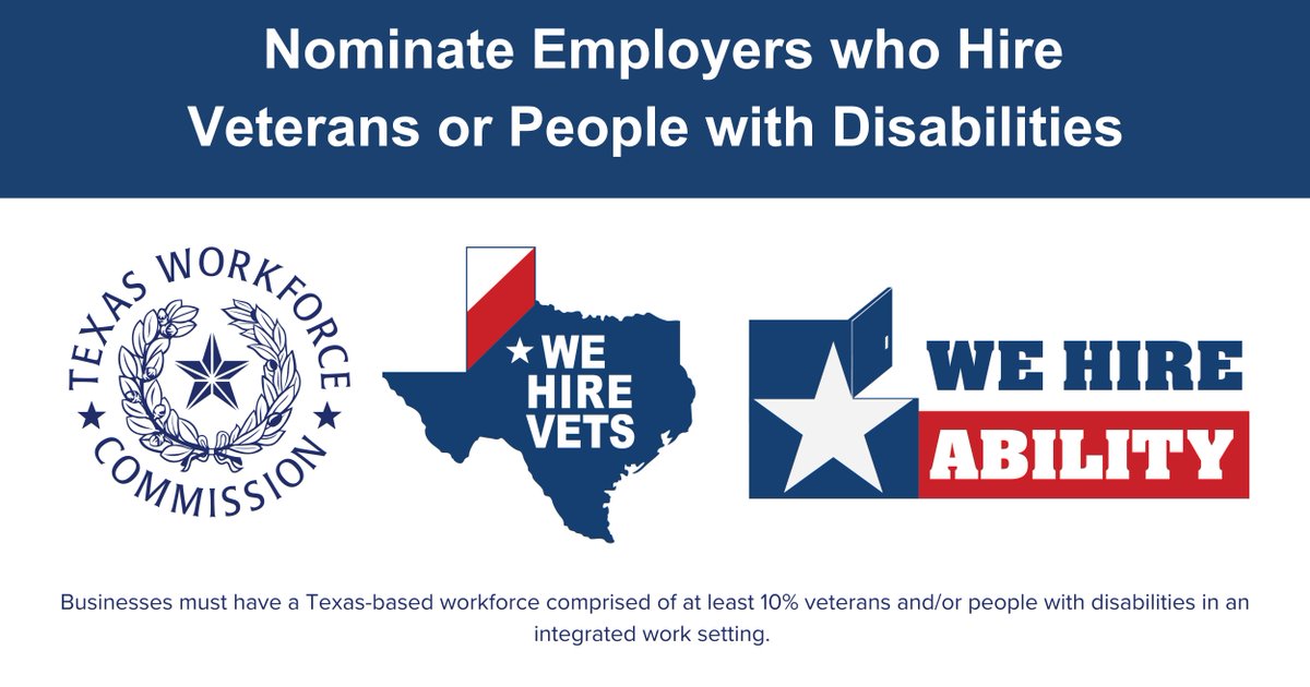 TWC is dedicated to fostering an engaged workforce. Nominate employers who prioritize skills and ability by hiring veterans and individuals with disabilities today! We Hire Vets twc.texas.gov/jobseekers/tex… We Hire Ability twc.texas.gov/partners/WeHir… #WeHireVets #WeHireAbility