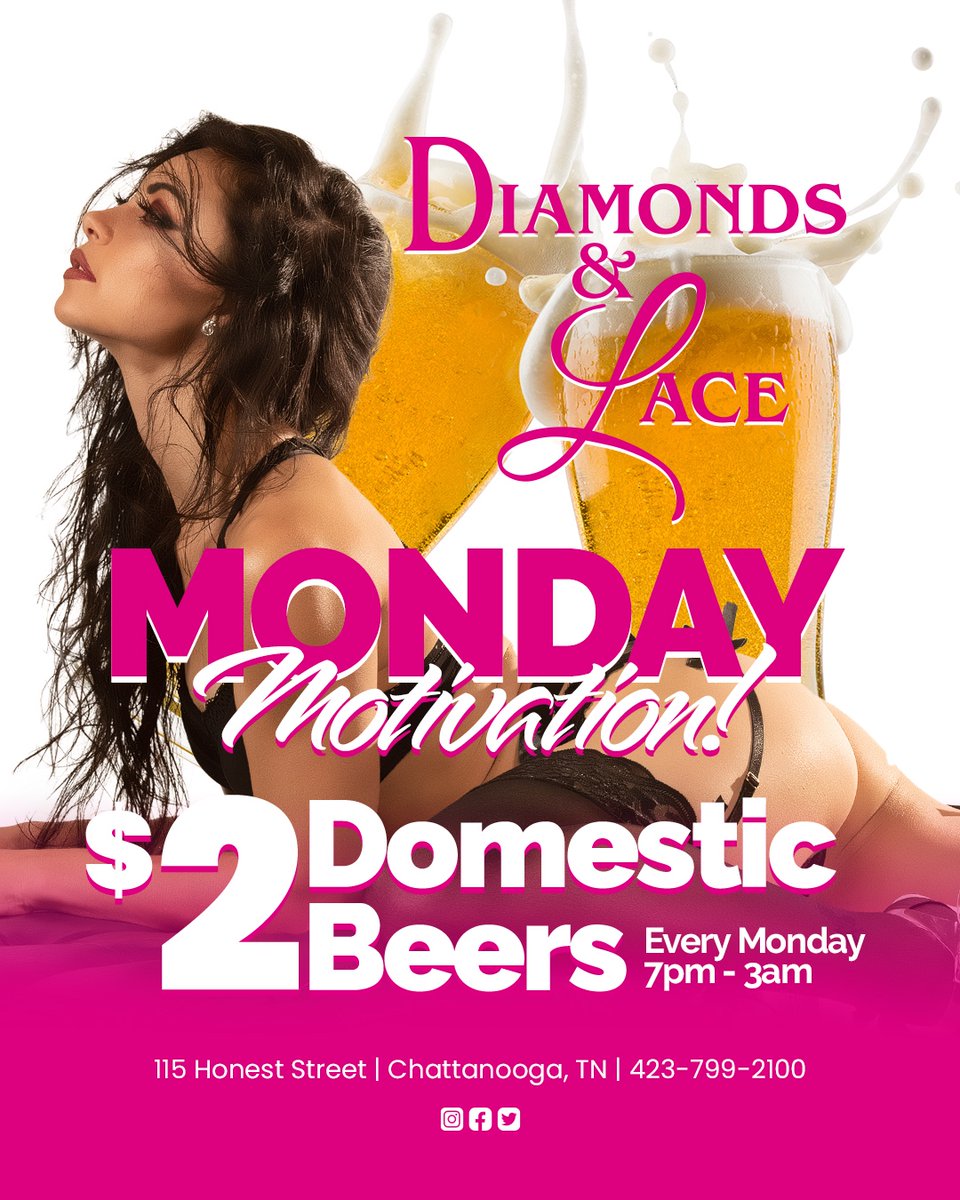 DiamondsLaceTN's tweet photo. #MondayMotivation starts with a ๐ป!
Get your week off to a fun start with $2 Domestic Beers at Diamonds & Lace every Monday from 7pm-3am. ๐ป
.
.
.
#MondaysAreFunDays #MondaysBeLike #CheersToTheWeek #DiamondsAndLace #Chattanooga https://t.co/HnWvVM3qCn