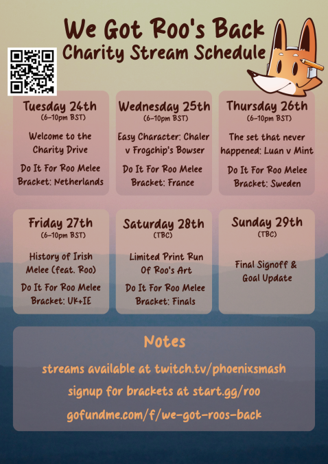 Silas (@silas_ssb) on Twitter photo DO IT FOR ROO
๐ฎ๐ช ๐ซ๐ท๐ณ๐ฑ๐ธ๐ช๐ฌ๐ง
We're excited to announce a short tournament series dedicated to raising funds for our good friend, Roo
There will be 4 online qualifier events taking place from tomorrow (Tuesday) to Friday, with a final 16-person bracket on Saturday
๐Links below๐ DO IT FOR ROO
๐ฎ๐ช ๐ซ๐ท๐ณ๐ฑ๐ธ๐ช๐ฌ๐ง
We're excited to announce a short tournament series dedicated to raising funds for our good friend, Roo
There will be 4 online qualifier events taking place from tomorrow (Tuesday) to Friday, with a final 16-person bracket on Saturday
๐Links below๐