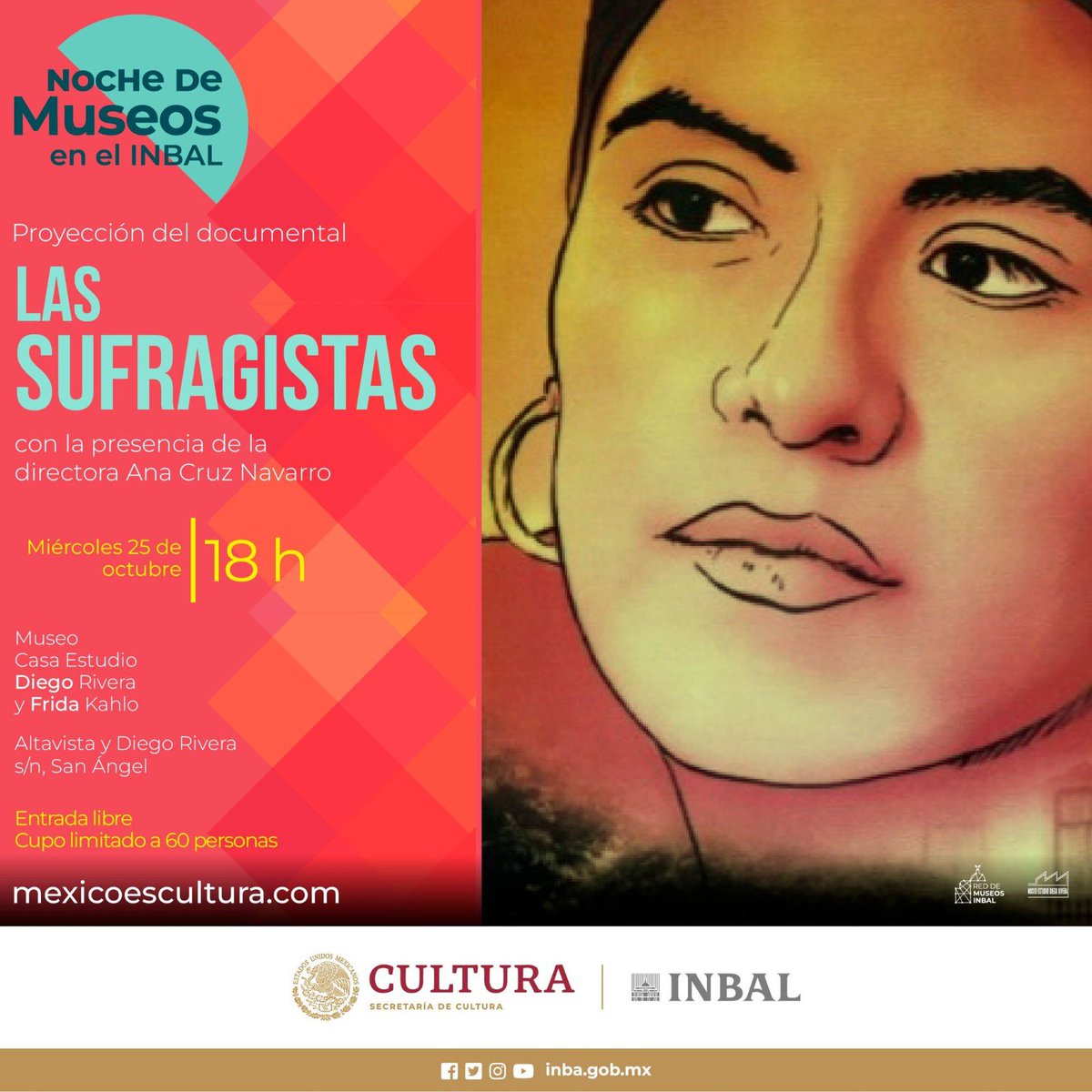 Te esperamos en la #NocheDeMuseos! Recorre la ofrenda, conoce la arquitectura de este espacio y platica con la cineasta Ana Cruz, en la presentación “Las sufragistas”. ¡Lánzate a nuestro cine al aire libre este miércoles 25 de octubre a partir de las 18 h! Entrada libre