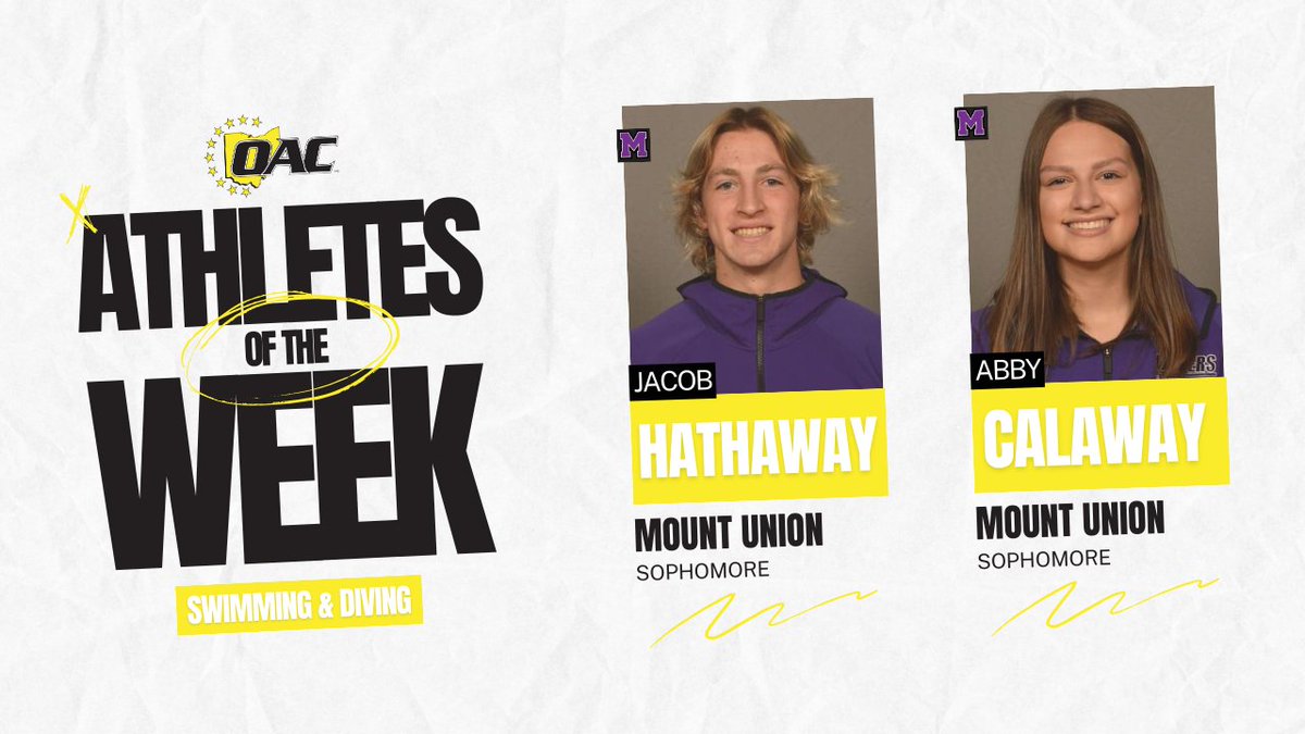 Athletes of the Week | Swimming &amp; Diving 

Jacob Hathaway, <a href="/purpleraiders/">Mount Union Purple Raiders</a>
Abby Calaway, <a href="/purpleraiders/">Mount Union Purple Raiders</a>

🔗:oac.org/sports/Players…
#OAC #OACSwimDive🏊