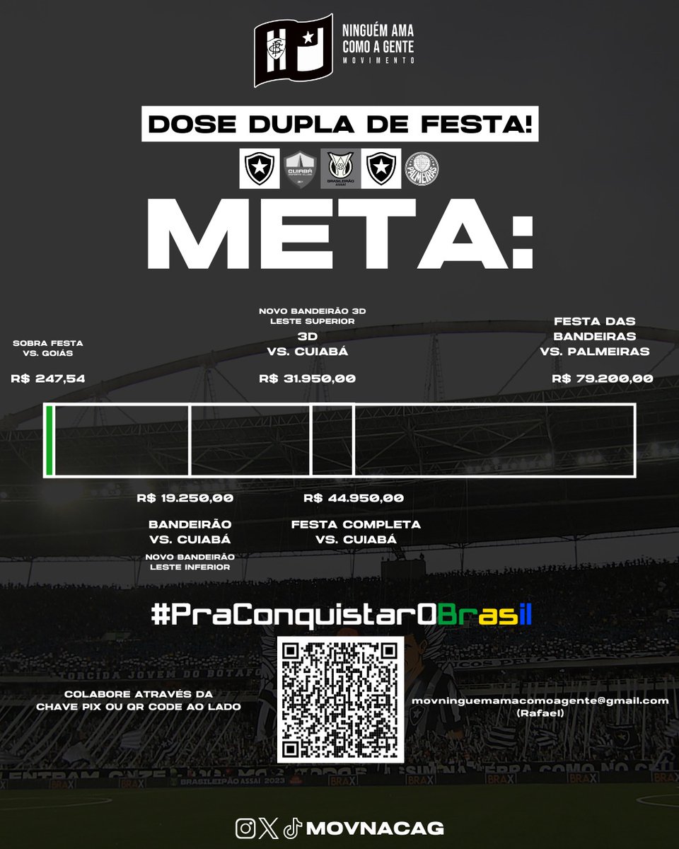 #PraConquistarOBrasil seja contra quem for, uma séries de ações estão sendo organizadas para os próximos 2 jogos. Para realização dessa campanha com gigantescas festas em nossos próximos embates, precisamos da sua colaboração!

Apoie, pix: movninguemamacomoagente@gmail.com