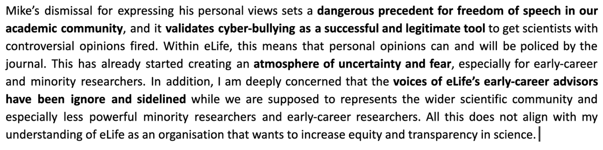 It is with great sadness that I have to resign as @eLife editor and early-career advisor after @mbeisen was fired as editor-in-chief for making use of his freedom of speech to stand up – once again – for the people who were silenced. A brief statement here: