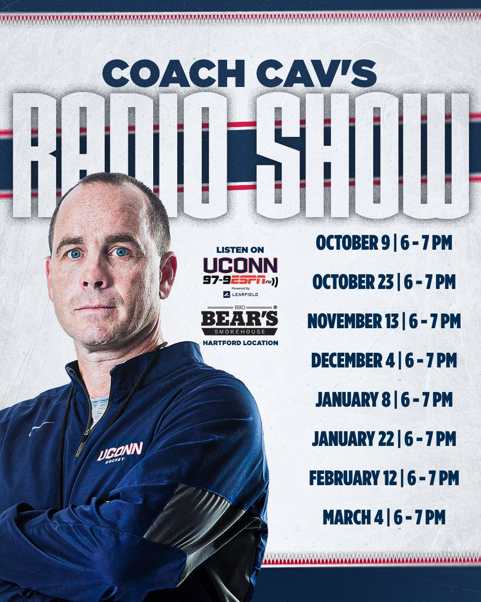 UConnMHOC's tweet image. Coach Cav’s radio show is back‼️ 

@bobjoyce27 is live from @BearsSmokehouse in Hartford and @979ESPN from 6-7pm as we discuss the weekend and upcoming series for the #IceBus 

Reply below with any questions you have for Coach⬇️