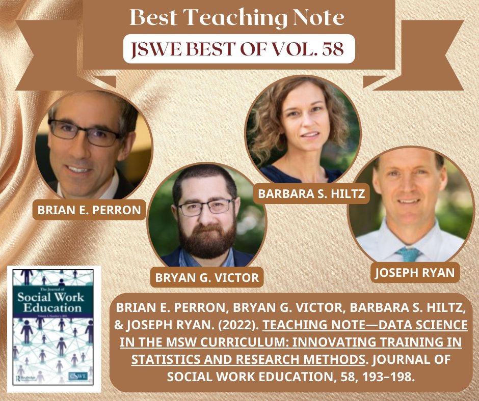 JSWE (@jswe_cswe) on Twitter photo Congratulations to the authors of the Best Teaching Note in JSWE V. 58 - Dr. Brian Perron, Dr. Bryan Victor, Ms. Barbara Hiltz, and Dr. Joseph Ryan. <a href="/UMSocialWork/">University of Michigan School of Social Work</a> <a href="/WSU_Social_Work/">Wayne State Social Work</a> <a href="/CSocialWorkEd/">CSWE</a> @DparrishParrish Congratulations to the authors of the Best Teaching Note in JSWE V. 58 - Dr. Brian Perron, Dr. Bryan Victor, Ms. Barbara Hiltz, and Dr. Joseph Ryan. <a href="/UMSocialWork/">University of Michigan School of Social Work</a> <a href="/WSU_Social_Work/">Wayne State Social Work</a> <a href="/CSocialWorkEd/">CSWE</a> @DparrishParrish