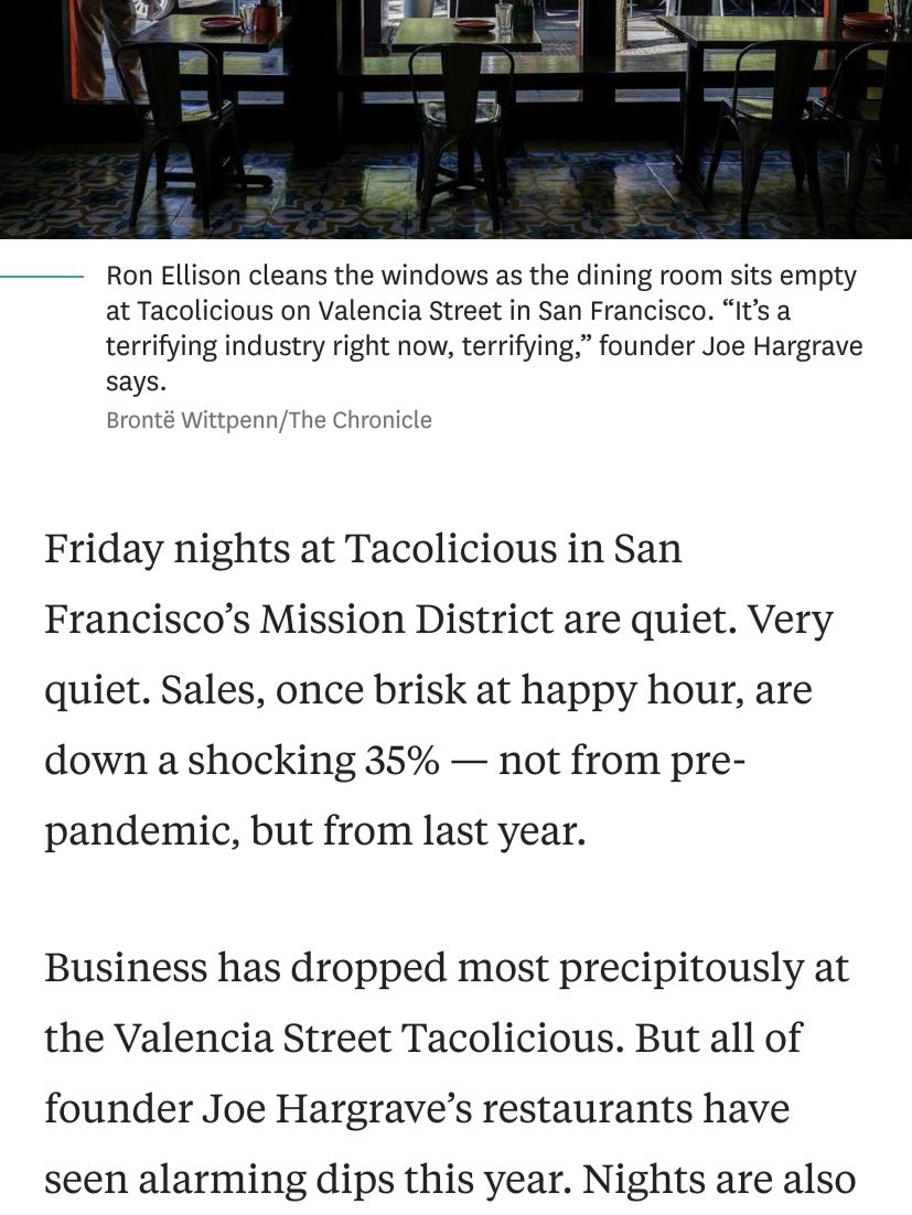 Brutal stuff. Tacolicious was the number spot for Uber drop offs in 2019. Now the restaurants are stuck in the doom loop. These are experienced restauranteurs getting pummeled because the city refuses to get its 💩 together on tourism, crime & junkies.