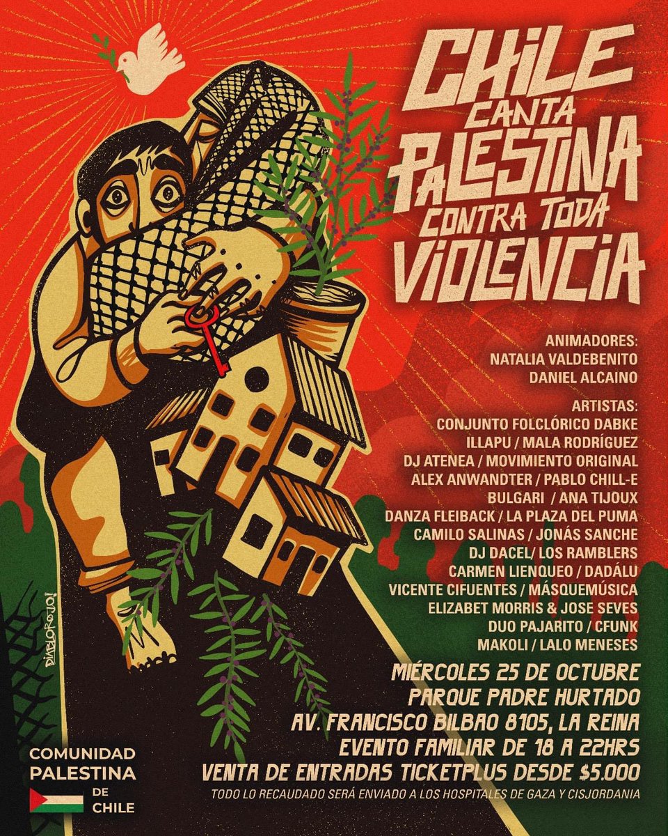 👉𝗖𝗵𝗶𝗹𝗲 𝗹𝗲 𝗰𝗮𝗻𝘁𝗮 𝗮 𝗣𝗮𝗹𝗲𝘀𝘁𝗶𝗻𝗮 𝗰𝗼𝗻𝘁𝗿𝗮 𝘁𝗼𝗱𝗮 𝗩𝗶𝗼𝗹𝗲𝗻𝗰𝗶𝗮 🇨🇱 🇵🇸⁣

🟢Entradas en : ticketplus.cl/events/chile-c…

#freepalestine #palestinalibre #palestina #freegaza #artistasporpalestina