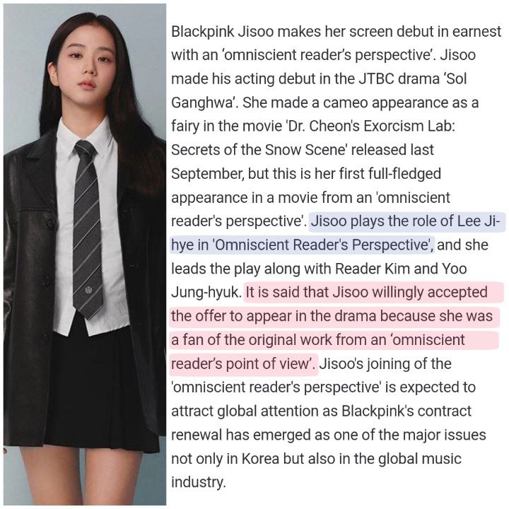 Omnireaderfess's tweet photo. *ORV LIVE ACTION !

[Idol and Actress Kim Jisoo (BLACKPINK) has been *offered* the role of Lee Jihye!]

It is rumored that Jisoo willingly accepted the offer to appear because she was a fan of the original "Omniscient Reader's Viewpoint". https://t.co/sJA7qAznde