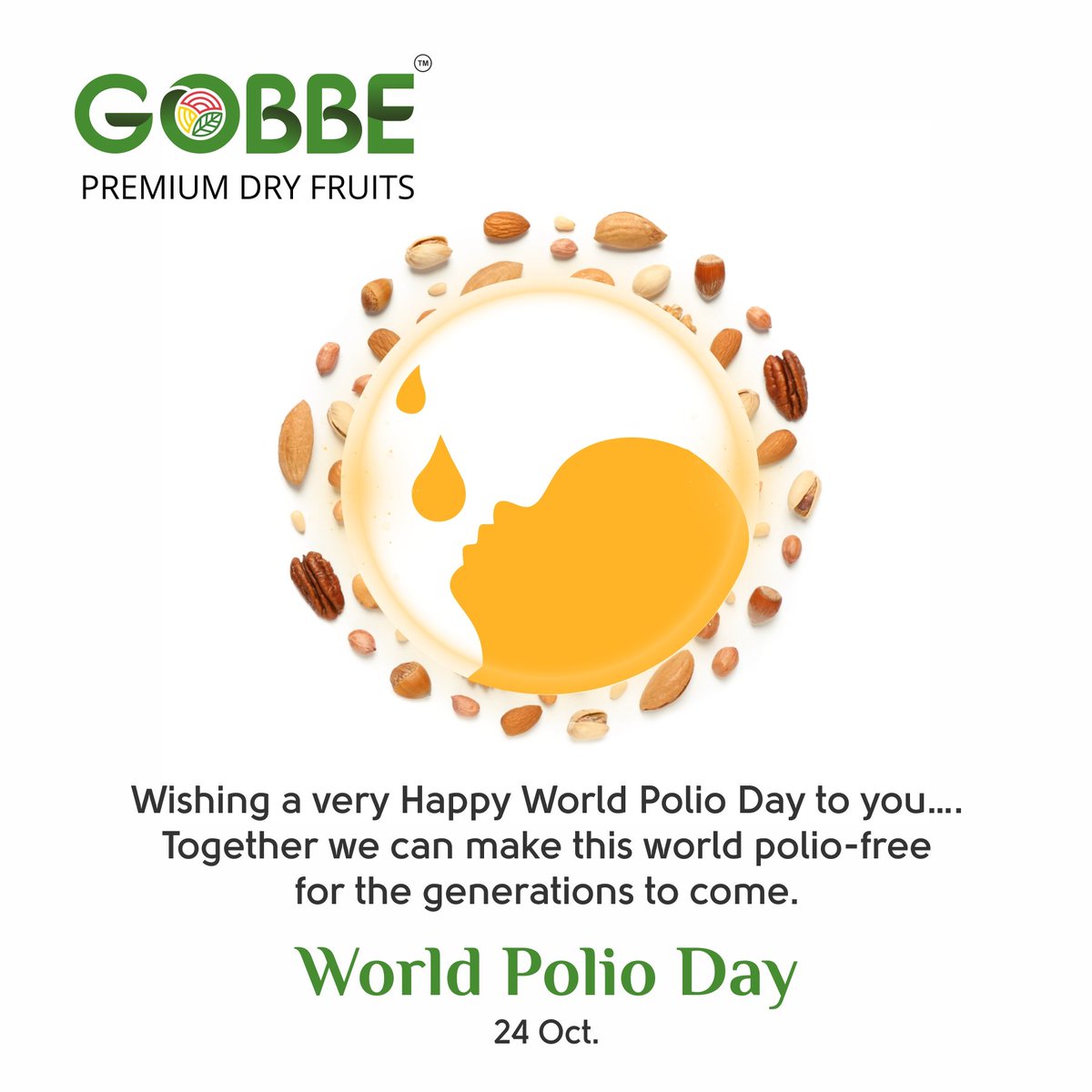 Vaccines save lives. On World Polio Day, let's stand up for the power of vaccination and a healthier world.

#WorldPolioDay #EndPolio #PolioFreeWorld
#VaccinationMatters
#PolioFreeFuture #Immunization
#HealthForAll #PolioDay2023
#Gobbe #GobbePremiumDryFruits
#GobbeSnacking