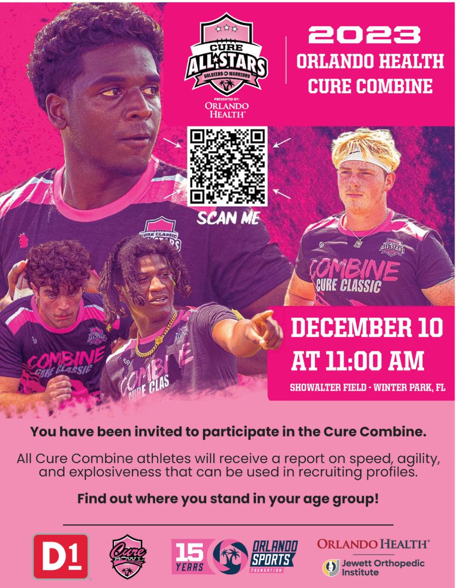 Attention Athletes register for the 2023 Orlando Health Cure Combine. On December 10th @ 11:00 Am. At SHowWalter Field in Winter Park FL. Any further information DM me!!!. Our Cure All-Stars Senior game, Osceola vs Lake County is on December 9th.