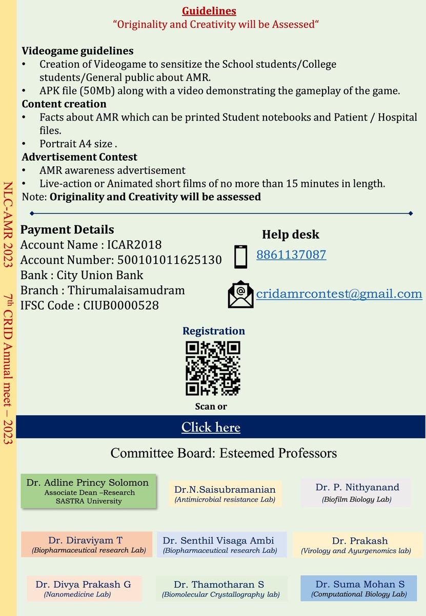 BicSastra's tweet photo. CRID &amp; BIC at .@SastraUniv conducts Ntnl-lvl Contest on AMR Challenges - Invite all students to participate and show your creative talents towards addressing a public health crisis - create videogame/poster/advertisement. See attached poster for more details. https://t.co/BvocbDinIN