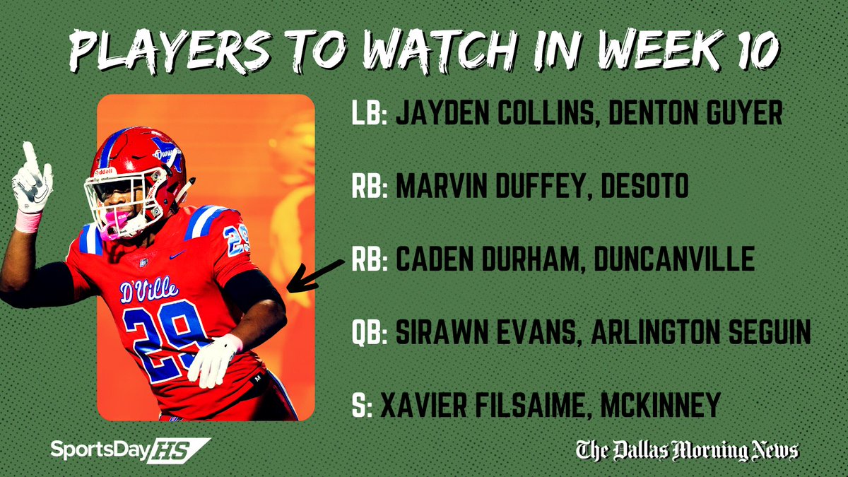 Players to watch in Week 10 👀 Duncanville vs. DeSoto will be loaded with area stars 🤩 #txhsfb Full list: dallasnews.com/high-school-sp…