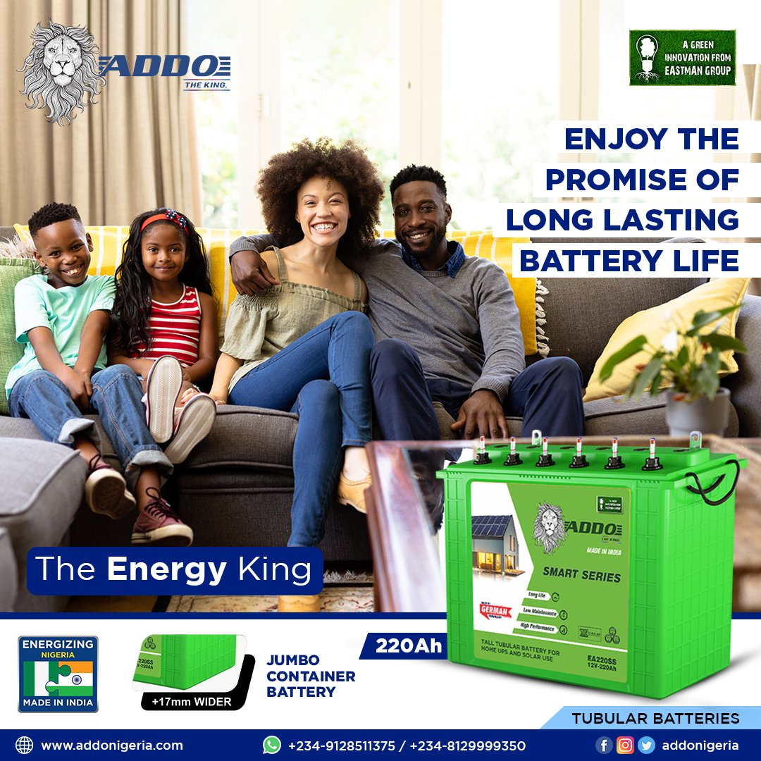 AddoNigeria's tweet photo. Enjoy the promise of ADDO 220Ah Smart Series Jumbo Tubular Battery.
Airwave Limited
☎️: +234 9128511375/8129999350
🌐: https://t.co/UTGiRA9yPI
.
.
.
#Addo #InverterBatteries #TTCBatteries #SmartSeries #JumboTubularBattery #AddoNigeria #Nigeria #TheEnergyKing https://t.co/JI3eaMmgb4