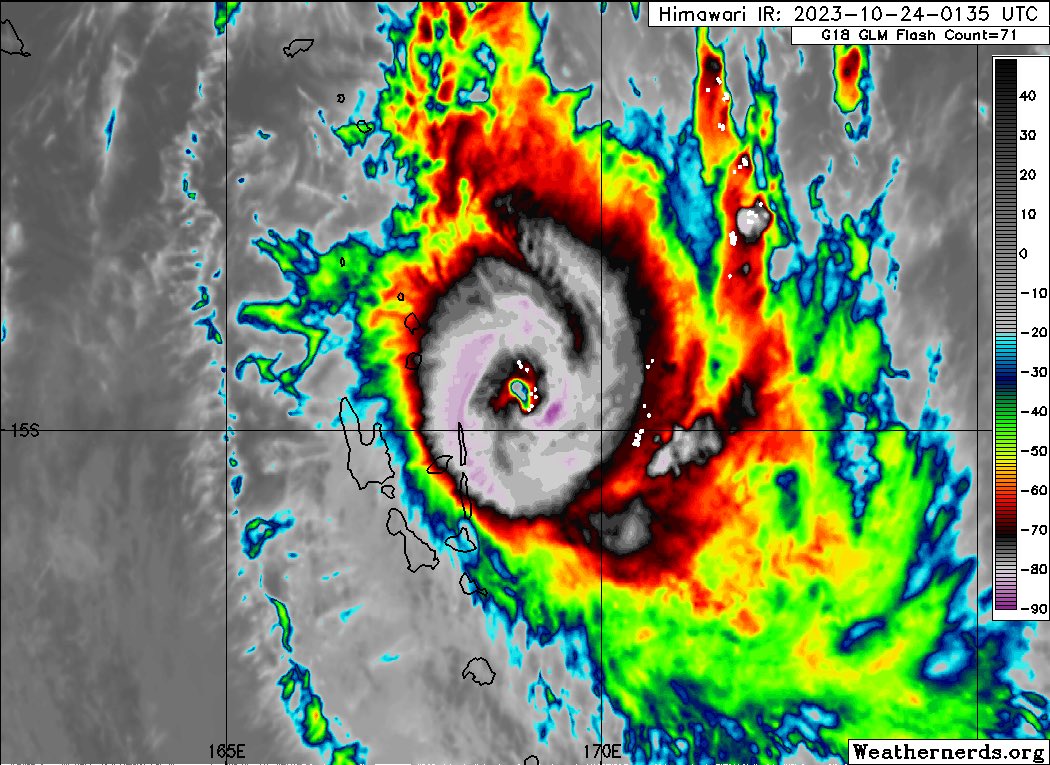 WillWeatherRVA's tweet photo. #Lola (#01P) remains a formidable Category 5 (Australian scale) tropical cyclone as it continues to approach #Vanuatu. Conditions are likely to deteriorate rapidly across the islands during the next several hours. https://t.co/J2ULL2ad0F