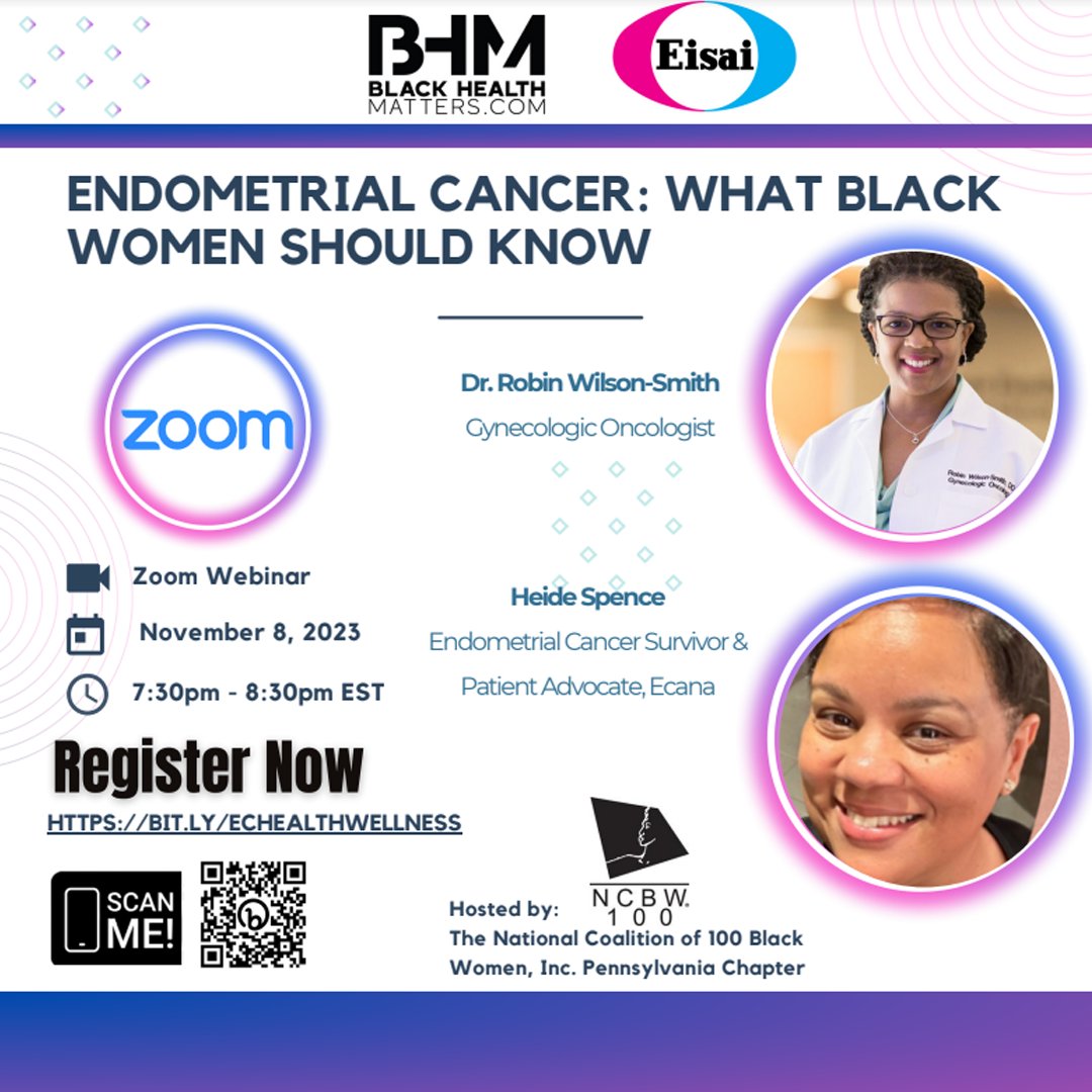 Our colleague Heide Spence will be speaking at this great online event coming up on Nov. 8th. The focused will be on Gyn Health and #EndometrialCancer for #BlackWomen. Courtesy of @BHMinfo and @EisaiUS . Join us! Scan the code to register.