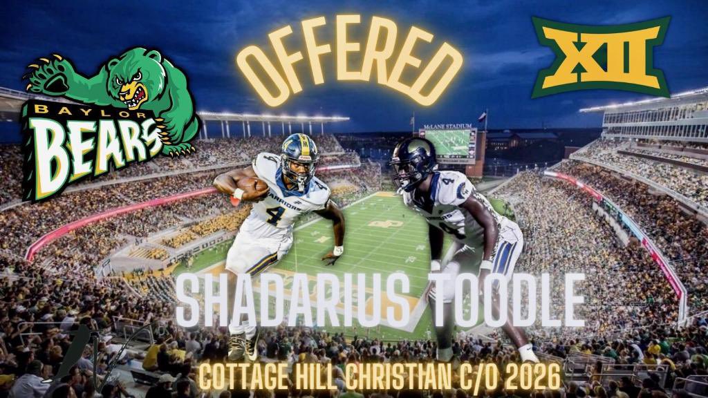 Beyond Blessed To Receive My First Big 12 Offer From Baylor University #AGTG <a href="/crob45/">Christian Robinson</a> <a href="/_MrJns/">Carvel Jones</a>  <a href="/CBrazellCHCA/">Chris Brazell</a> <a href="/TOODLEBOYS/">Shadrick Toodle Sr</a> @aclavo_BU  <a href="/HallTechSports1/">Hall-Tech Sports</a> <a href="/BUFootball/">Baylor Football</a> <a href="/MikeSmith_x/">Mike🖤</a> <a href="/BenThomasPreps/">Ben Thomas</a> <a href="/TheUCReport/">Billy Tucker</a> <a href="/IconsRegion/">FOOTBALL 365</a> <a href="/PrepRedzoneAL/">Prep Redzone Alabama</a> @SimonEli_
