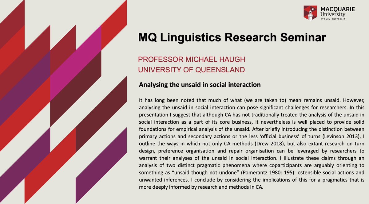MQ Linguistics (@mqlinguistics) on Twitter photo Next <a href="/MQLinguistics/">MQ Linguistics</a> Research Seminar Series speaker is Professor Michael Haugh from the University of Queensland languages-cultures.uq.edu.au/profile/1498/mโฆ on "Analysing the unsaid in social interaction". Find out more about <a href="/MQLinguistics/">MQ Linguistics</a> Research Seminar Series here > mq.edu.au/about/about-thโฆ Next <a href="/MQLinguistics/">MQ Linguistics</a> Research Seminar Series speaker is Professor Michael Haugh from the University of Queensland languages-cultures.uq.edu.au/profile/1498/mโฆ on "Analysing the unsaid in social interaction". Find out more about <a href="/MQLinguistics/">MQ Linguistics</a> Research Seminar Series here > mq.edu.au/about/about-thโฆ