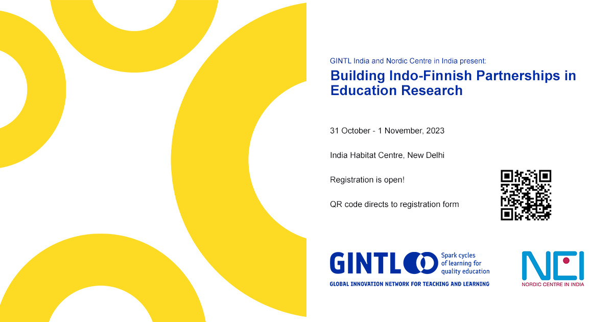 <a href="/NordicCtrIndia/">Nordic Centre India (NCI)</a> &amp; @GINTL21 present a 2 day seminar on 'Building Indo-Finnish Partnerships in Education Research' on the 31st of October and the 1st of November in New Delhi.
Register at: forms.gle/6fk3FjnLNc2Nre… 
More info at: nordiccentreindia.com/event/nci-gint…