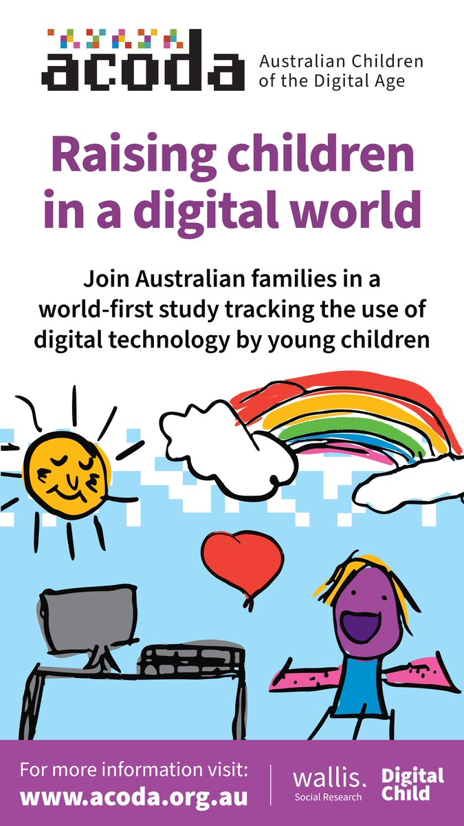 @eSafetyOffice @QUT @CurtinMedia @CurtinUni The ACODA study aims to answer the question: What does the central presence of #digitaltech mean for young children? We're inviting families from across Australia to take part: acoda.org.au @lifecourseAust @AdmsCentre @arc_gov_au @AcadSocSci @ABCEducationAU