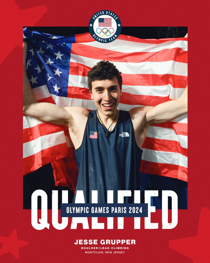 Photo of Jesse Grupper smiling and holding the American flag with text "Qualified. Olympic Games Paris 2024. Jesse Grupper. Boulder Lead Climbing. Montclair, New Jersey"