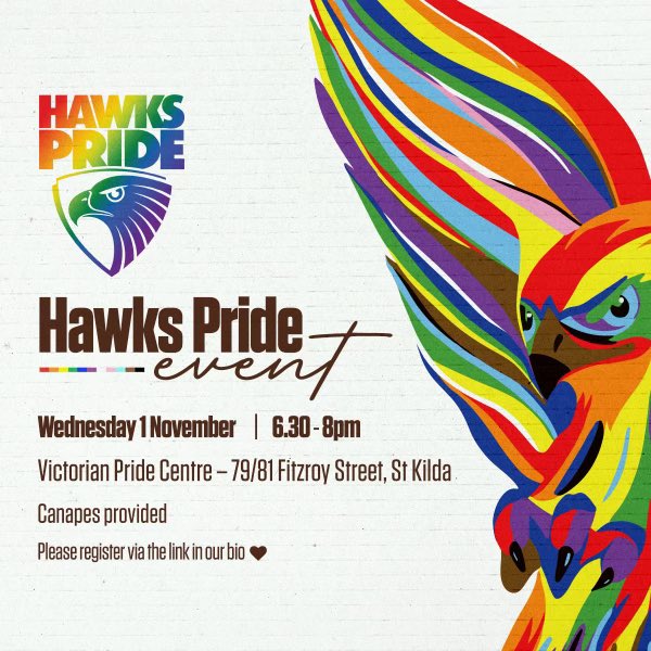 Ahead of the AFLW pride round we are taking our annual <a href="/HawksPrideGroup/">Hawks Pride</a>  <a href="/hawthornaflw/">Hawthorn FC AFLW</a> <a href="/hawthornfc/">Hawthorn FC</a> event to an amazing venue this year at the <a href="/vicpridecentre/">Victorian Pride Centre</a> head to link in bio to register.
